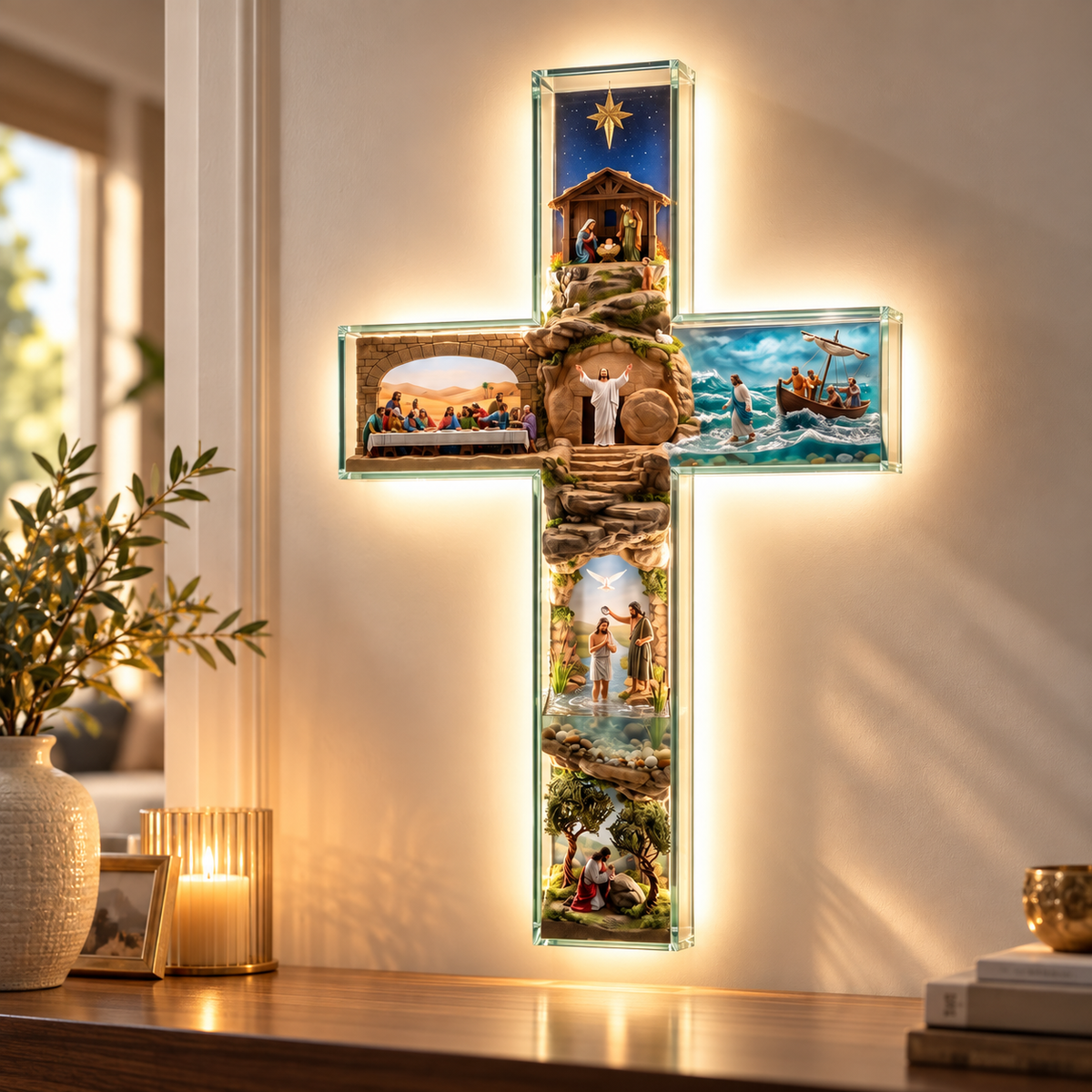 Sacred Story Cross Illuminated Biblical Wall Art